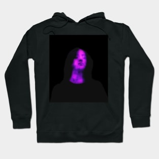 Beautiful girl, with closed eyes. Dark but beautiful. Violet, blue, glow. Hoodie